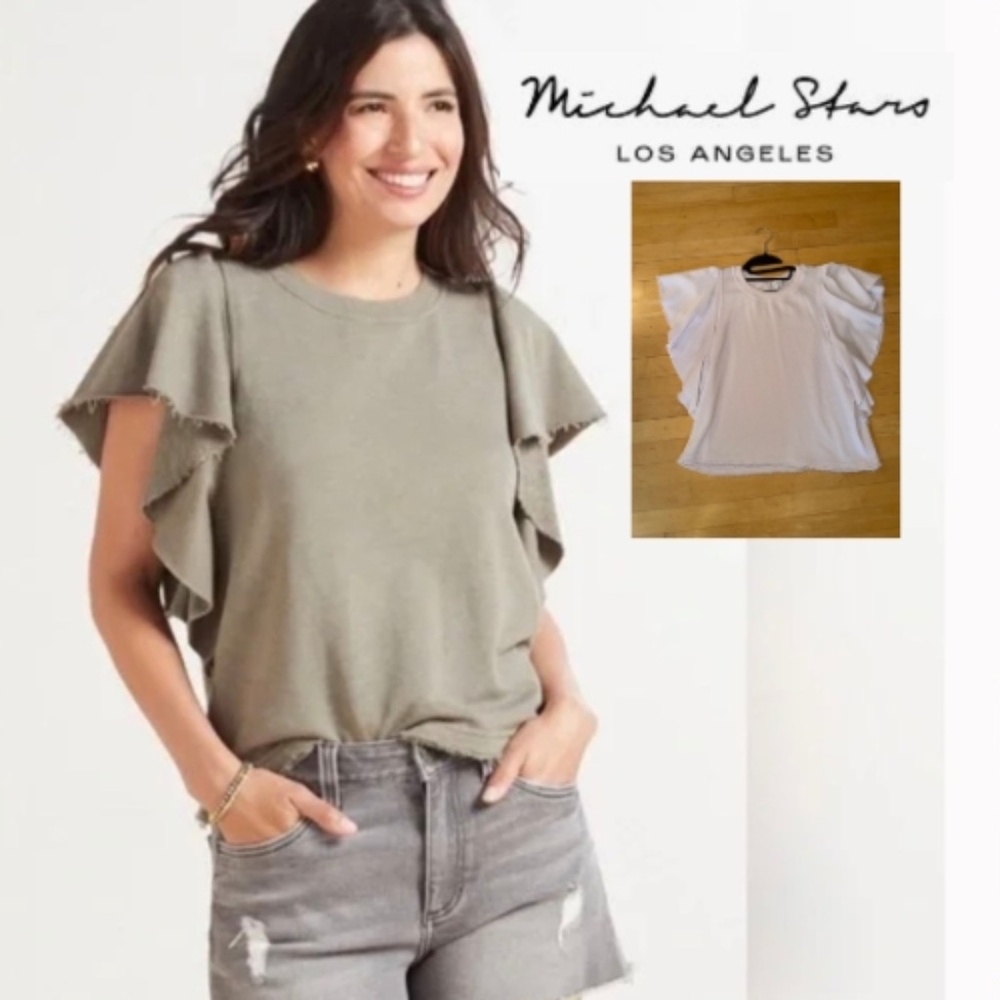 Michael Stars / tan Ariana flutter sleeve sweatshirt, M, GL1450 - Picture 1 of 4